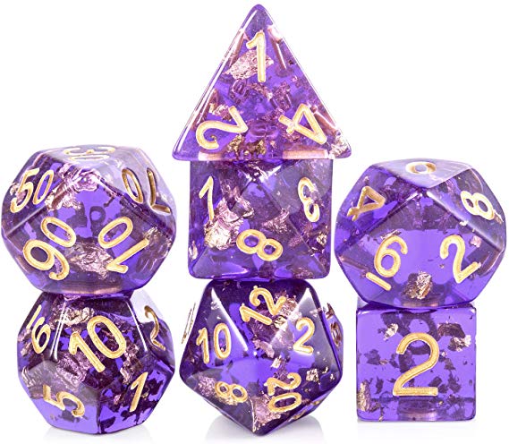 Gold Foil D&D Dice Set,DNDND 7 PCS Polyhedral Dice with Organza Bag for Dungeons and Dragons DND Roleplaying and Table Games Purple Gold Foil