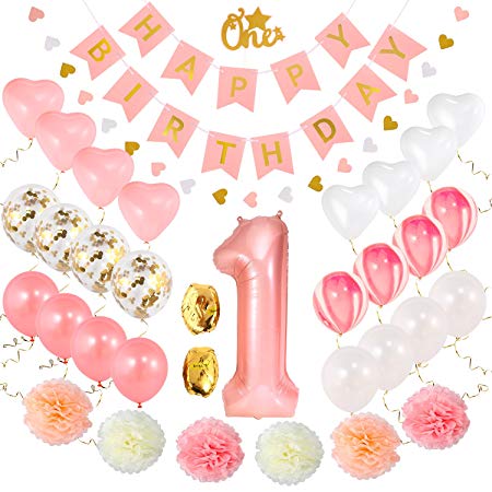 First Birthday Decorations set for Girl | 1st Pink Number 1 Balloon,Happy Birthday Banner,Tissue Paper Pom Poms Flower, One Cake Topper,Heart Garland, Marble Pink,Gold Confetti, White Heart Balloons
