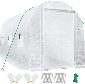 KING BIRD 10x6.6x6.6FT Upgraded Large Walk-in Greenhouse Heavy Duty Galvanized Steel Frame 2 Zippered Screen Doors 6 Screen Windows Tunnel Garden Plant Hot Green House 18 Stakes 4 Ropes 2 Gloves White