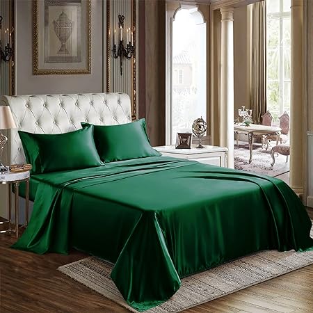 CozyLux Satin Sheets Queen Size - 4 Piece Dark Green Bed Sheet Set with Silky Microfiber, 1 Deep Pocket Fitted Sheet, 1 Flat Sheet, and 2 Pillowcases - Smooth and Soft