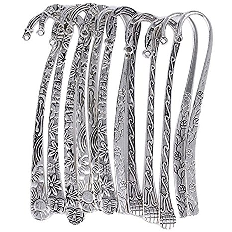HOUSWEETY 12pc Mixed Antique Tibetan Silver Carved Hook Bookmarks [Office Product]