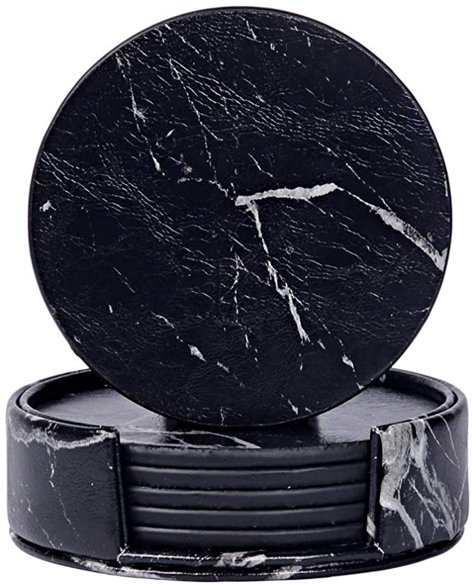 Homcomodar Coasters PU Leather Heat Resistant Marble Coaster with Holder Protect Furniture from Scratch,Spills,Water Rings and Damage for Drinking Glass (Black)