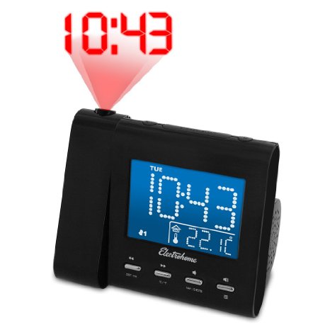 Electrohome Projection Alarm Clock with AMFM Radio Battery Backup Auto Time Set Dual Alarm Sleep Timer Indoor TemperatureDayDate Display with Dimming and Audio Input for Smartphones EAAC601