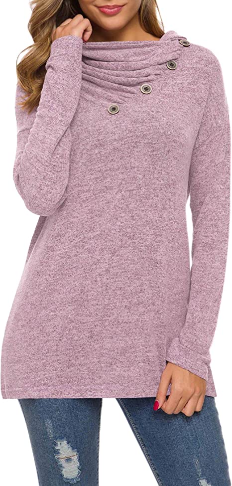 WEACZZY Womens Long Sleeve Button Cowl Neck Casual Loose Tunic Tops Blouse