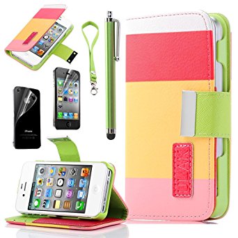 Pandamimi ULAK(TM) Colorful PU Leather Wallet Type Magnet Design Flip Case Cover for Apple iPhone 4 4G 4S with Screen Protector and Stylus (Pink Yellow Baby Pink)