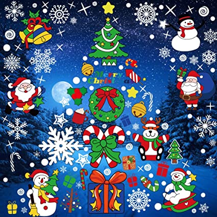 12 Pcs Christmas Window Clings for Glass Christmas Window Stickers for Christmas Decorations Ornaments Party Supplies Snowman, Santa Claus Snowman Snowflakes