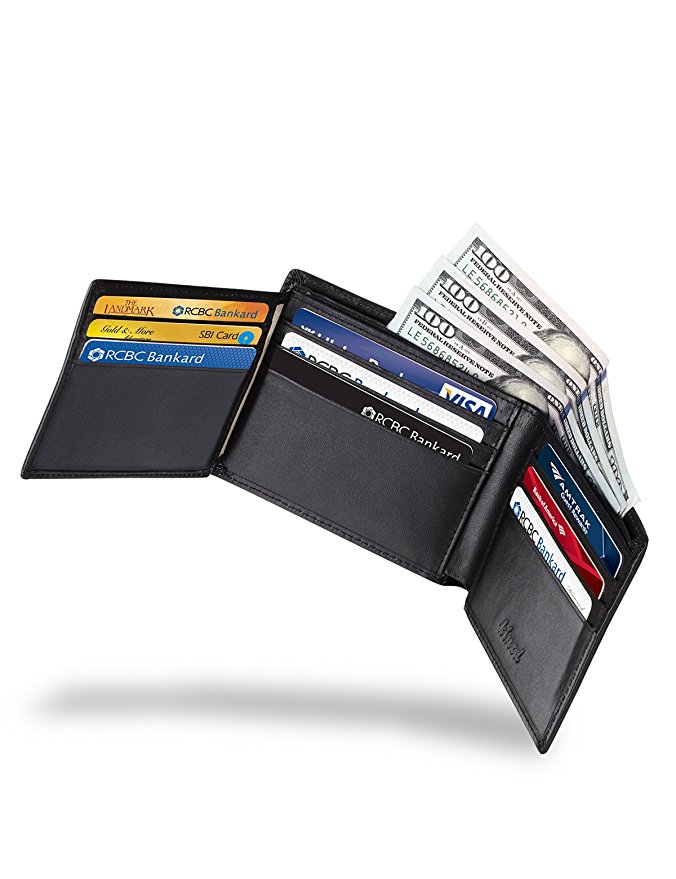 Mens RFID Blocking Trifold Wallet Genuine Leather Security Credit Card Holder