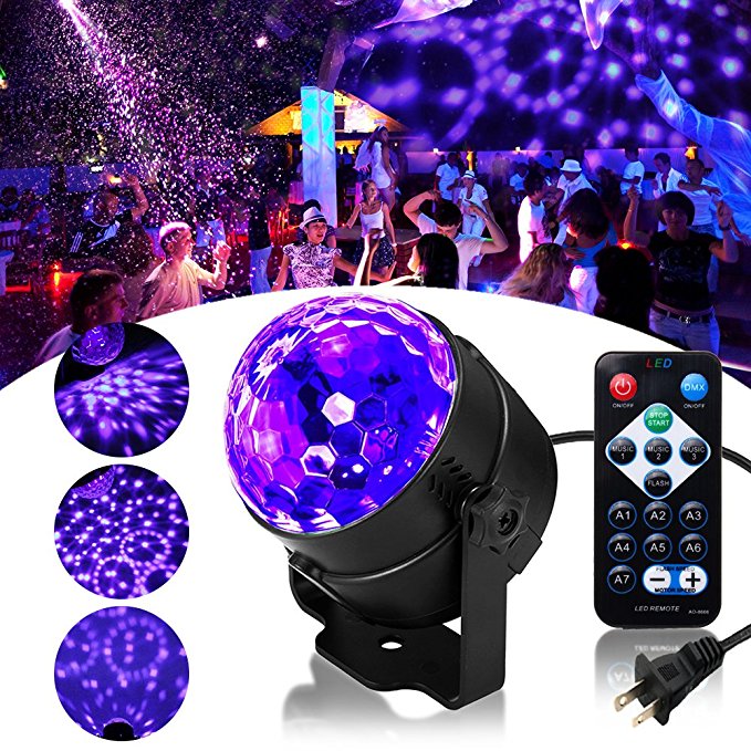 SOLMORE LED UV Black Light 3W Disco Ball Party Lights DJ Lights Sound Activated Strobe Light Stage Lighting for House Party Nightclub Karaoke Dance Wedding Ballroom Bedroom Event(with Remote)