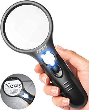 RockDaMic Magnifying Glass with Light, Magnifying Glasses, Handheld Lighted Magnifier for Reading, Jewelers, Coins and Stamps (3X 45X)