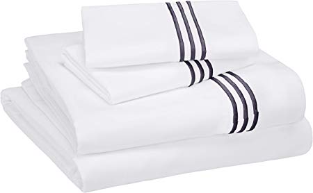 AmazonBasics Embroidered Hotel Stitch Sheet Set - Premium, Soft, Easy-Wash Microfiber - Queen, Embroidered Navy Blue