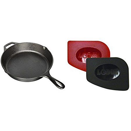 Lodge L8SK3 Pre-Seasoned Cast-Iron Skillet, 10.25-inch and Lodge SCRAPERPK Durable Polycarbonate Pan Scrapers, Red and Black, 2-Pack Bundle