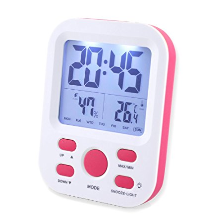 Kids Alarm Clock, Samshow Small Desk Shelf/ Wall Clock with Table Stand/ Mount Hole,Large LCD Screen with Temperature/ Humidity/ Week Day/ 12h/ 24h Display,Snooze/ Sensor Nightlight for Girls,Teens,Heavy Sleepers Bedroom Clock(Pink, Battery Operated)
