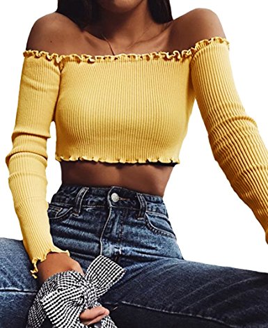 PRETTODAY Women's Sexy Off Shoulder Crop Tops 6 Colors Summer Long Sleeves Casual Slim Tees