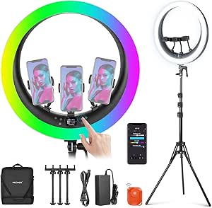 NEEWER 19" RGB LED Ring Light with Stand, 3 Phone Holders, Touch Panel, 2.4G/App Control, 42W CRI97  2800lux/0.5m 360° Hue Dimmable Professional Lighting for Makeup Live Streaming Zoom Calls, RP19C