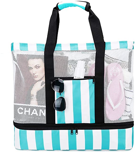 BLUBOON Mesh Beach Tote Bag with Cooler Compartment, Insulated Detachable Picnic Bag with Zipper and Pocket, Pool Bag Travel Shoulder Bag 38L (Turquoise Large)