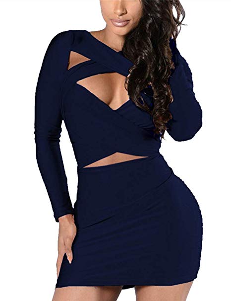 VOGRACE Women's Long Sleeve Cut Out Bandage Bodycon Party Clubwear Mini Dress