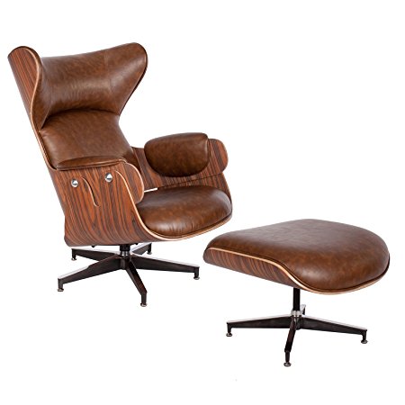 Mid Century Modern Classic Wingback Plywood Design Replica Style Palisander Wood Lounge Chair & Ottoman With Premium High Grade Brown PU Leather