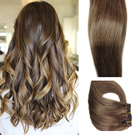 Myfashionhair Clip in Hair Extensions Real Human Hair Extensions 20 inches 70g Medium Brown Clip on for Fine Hair Full Head 7 pieces Silky Straight Weft Remy Hair (20 inches, #6)