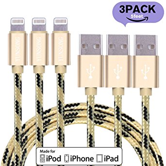 Lightning Cable, YUNSONG [3-pack] 5FT Nylon Braided 8 Pin Lightning Cable Syncing and Charging USB Cables Charger Cord for iPhone 6s/6 plus/6s plus, 5s/SE, iPad 3/4 Mini Air [Gold]