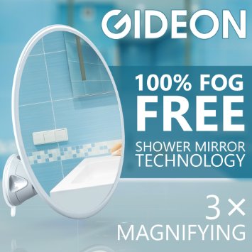 Gideon™ Fogless Shower Mirror with Strong Suction-Cup Mounting Base - 3X Magnifying, 7 Inch Diam., 360 Degree Rotating for Optimal View Position - For Shaving, Hairstyling and Makeup Application