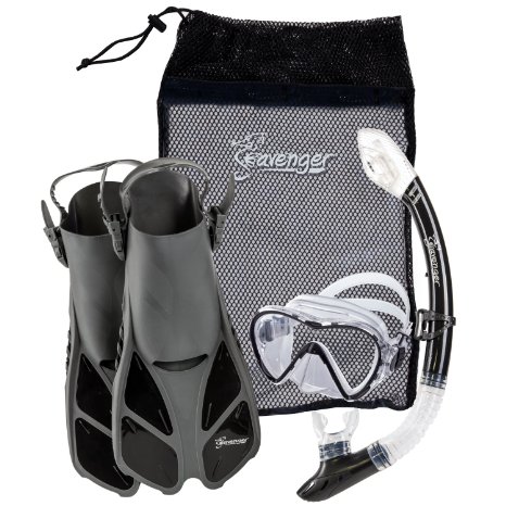 Seavenger Adult and Junior Diving Snorkel Set- Dry Top Snorkel  Trek Fin  Single Len Mask  Gear Bag- Blueredyellowblackbs
