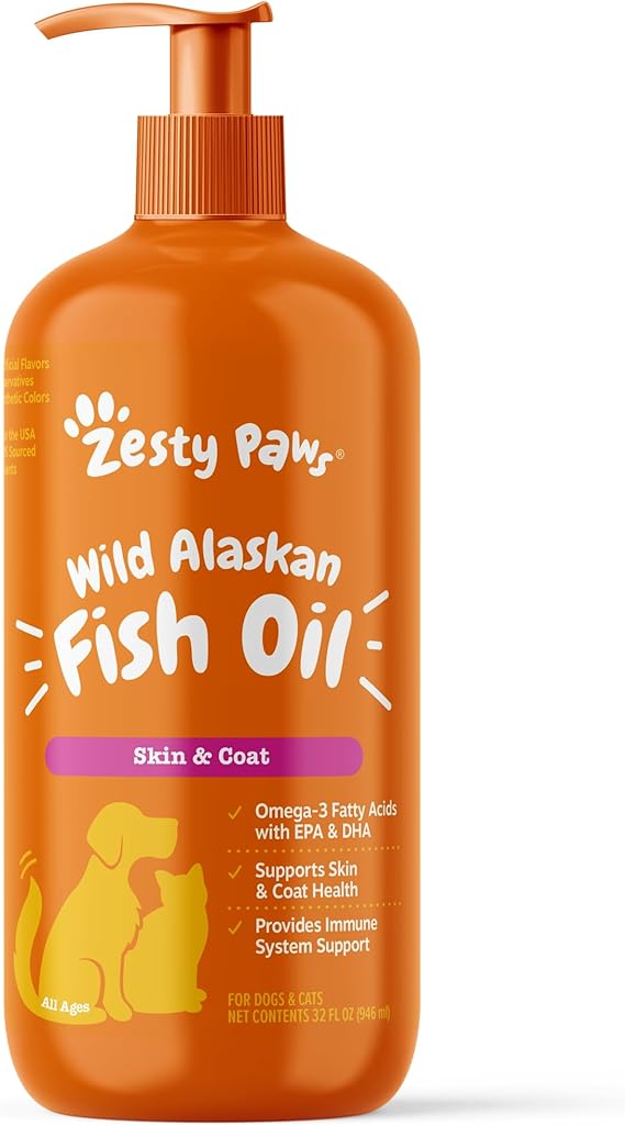 Zesty Paws Wild Alaskan Fish Oil for Dogs & Cats - Pollock & Salmon Oil Blend - Omega 3 Fatty Acids EPA & DHA for Pets - for Sensitive Skin   Coat Health - Immune System Support - 32 fl oz