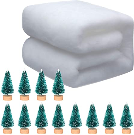 15.7 Inch x 11.2 Feet Christmas Snow Blanket Roll and 12 Pieces Mini Sisal Snow Frost Trees Bottle Brush Tree Christmas Fake Snow for Christmas Decoration and Display