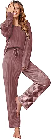 Ekouaer Women's Waffle Knit Pajama Sets Comfy Long Sleeve Lounge Sets 2 Piece Matching Pj Sets with Pockets