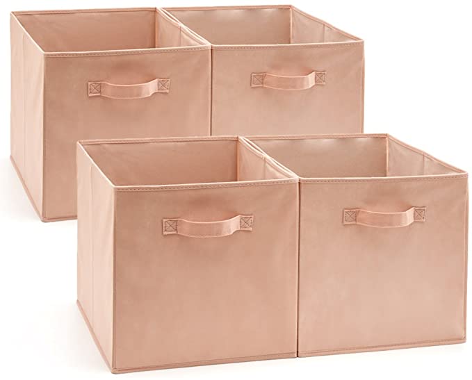 EZOWare Set of 4 Foldable Fabric Basket Bin, Collapsible Storage Cube for Nursery Home and Office (13x15x13 inch) (Pink)