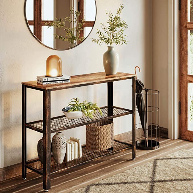 Rolanstar Console Table, Rustic Sofa Table with 2 Mesh Shelves, Entryway Table with Retro Metal Frame, for Entryway Living Room