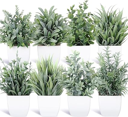 Fake Plants Mini Potted Artificial Plants, 8 Pack Artificial Grey Eucalyptus Plants Small Houseplants Greenery in Pots Indoor, Small Faux Plants Decor for Home Bathroom Office Farmhouse Desk Shelf