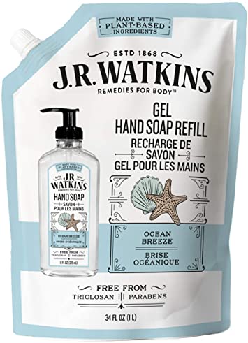 J.R. Watkins Ocean Breeze Liquid Hand Soap Refill Pouch, Scented Liquid Hand Wash for Bathroom or Kitchen, USA Made and Cruelty Free, 1 Liter