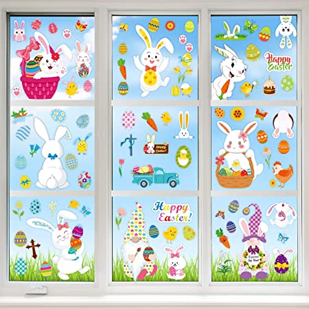 90 Pieces Easter Bunny Window Cling Easter Eggs Flower Window Clings Stickers for Easter Decorations, Glasses Window, Home, Office, Kids Room, School Party Supplies, 8 Sheet