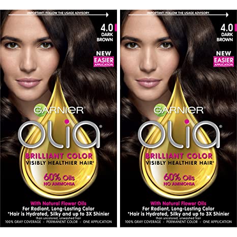 Garnier Olia Ammonia-Free Brilliant Color Oil-Rich Permanent Hair Color, 4.0 Dark Brown (Pack of 2) Brown Hair Dye