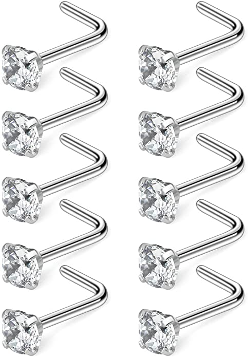 Ruifan 10-40PCS 18G Surgical Steel Diamond CZ Nose Stud Rings L Shaped Piercing Jewelry 1.5mm 2mm 2.5mm 3mm