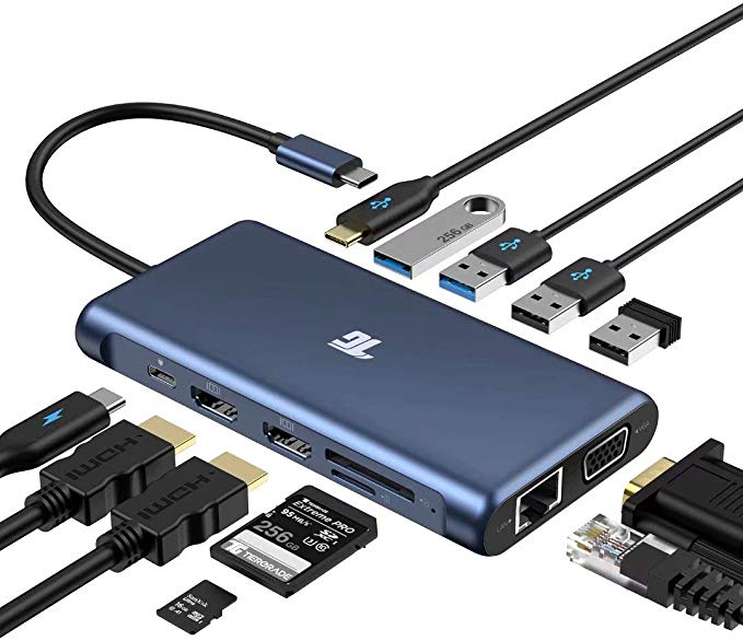 USB C Hub, USB C Adapter, Tiergrade 12 in 1 Triple Display Adapter with Dual 4K HDMI, VGA, 100W Pd 3.0, RJ45 Ethernet, USB-A USB-C Ports, Tf/SD Card Reader for MacBook and Type-C Laptops