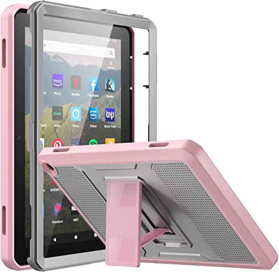 MoKo Protective Case Compatible with Kindle Fire HD 8 & 8 Plus Tablet (10th Generation, 2020 Release), Full Body Rugged Shell Heavy-Duty Cover with Built-in Screen Protector, Gray/Pink