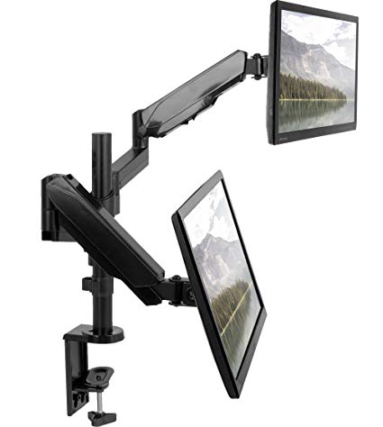 VIVO Dual Arm Computer Monitor Desk Mount with Pneumatic Height Adjustment, Full Articulation, Stackable Display | VESA Stand with C-clamp and Grommet, Holds Two (2) Screens up to 32" (STAND-V002K)