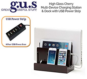 G.U.S. Multi-Device Charging Station Dock & Organizer - Multiple Finishes Available. For Laptops, Tablets, and Phones - Strong Build, High Gloss Cherry with 4-Port USB Power Strip