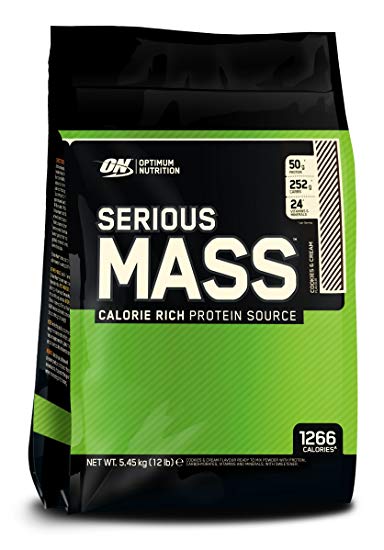 Optimum Nutrition Serious Mass Weight Gainer Whey Protein Powder with Vitamins, Creatine and Glutamine. Protein Shakes by ON - Cookies & Cream, 16 Servings, 5.44kg