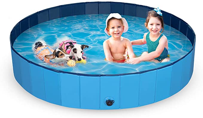 Large Dog Kid Swimming Pool - Foldable Pet Baby Kiddie Bathtub Pool Hard Plastic for Dogs Cats and Kids, 63 x 12 inch, Blue