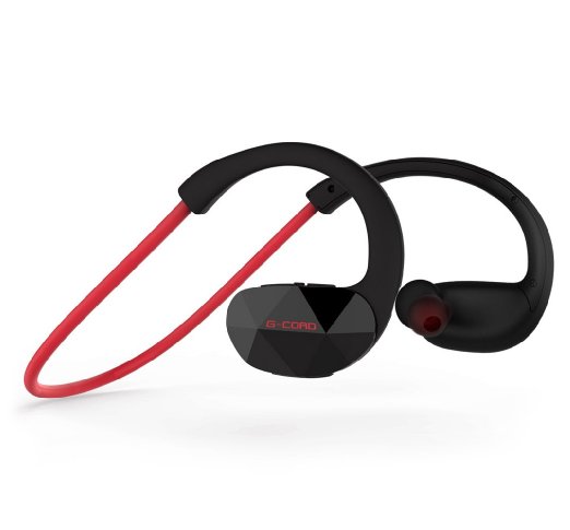 G-Cord Bluetooth 4.0 Sport Headphones Sweat proof Wireless Stereo Headsets with Built-in Mic (Red)