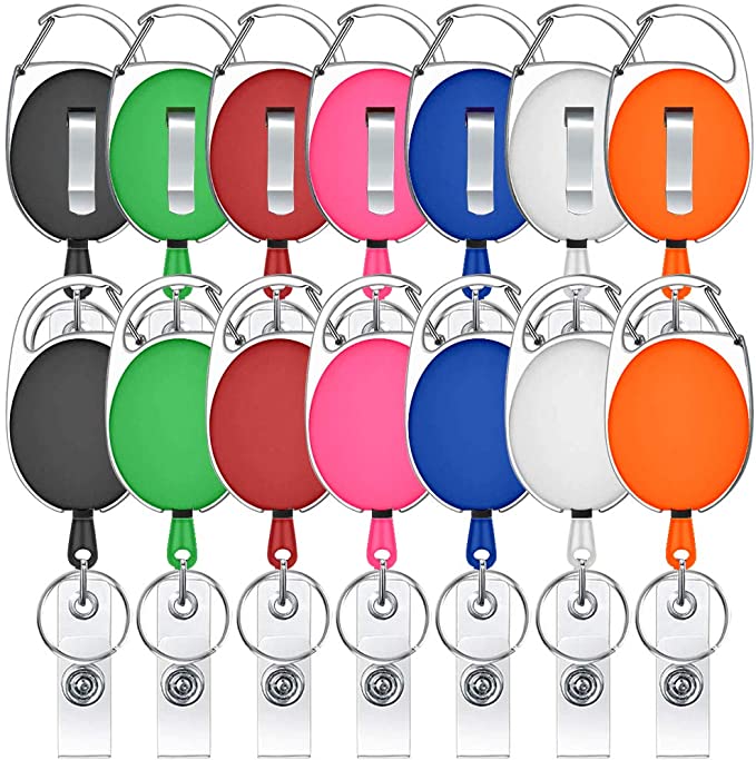 14 Pack Retractable Badge Holder Viaky Mixed Colors Carabiner Badge Reel with Clips for Key Ring and ID Cards(7 Colors)