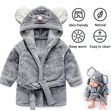 UMODE Baby Hooded Bathrobe Cute Mouse Design Flannel Ultra Soft Robe for 0-9 Months Baby