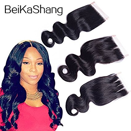 BeiKaShang Body Wave 4x4 Lace Closure with Baby Hair Natural Black Brazilian Virgin Human Hair Closures No Bleached Knots Free Part 12"
