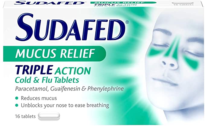 Sudafed Mucus Relief Triple Action Cold & Flu Tablets, Pack of 16