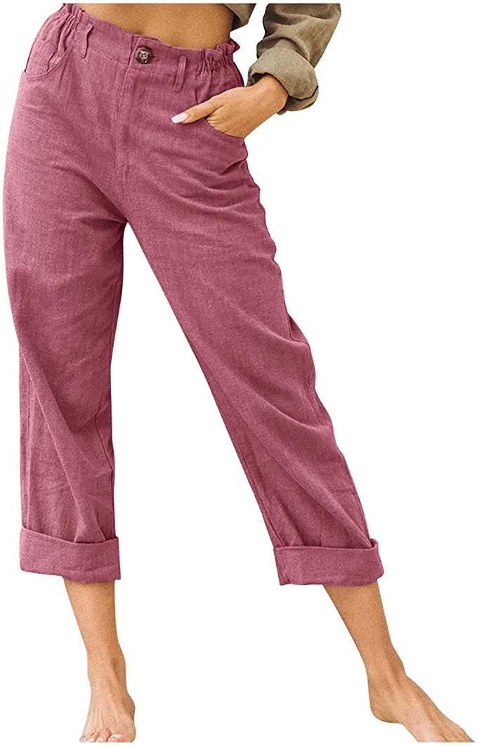 FEITONG Womens Cotton Linen Pants Drawstring Back Elastic Waist Pants Casual Cotton Linen Trousers