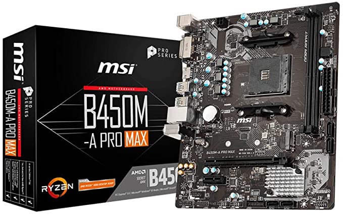 MSI B450M-A PRO MAX Motherboard mATX, AM4, DDR4, LAN, USB 3.2 Gen1, M.2, DVI-D, HDMI, AMD RYZEN 1st, 2nd and 3rd Gen Ready