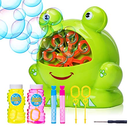 Frog Bubble Machine for Kids - Over 500 Bubbles Per Minute - Gift Wedding Birthday Parties - Portable Automatic Blower - Non Toxic Liquid and Wand - Battery Operated - Indoor Outdoor Toy for Children