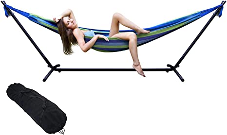 TechFaith Double Hammock Two Person Adjustable Hammock Bed with Space Saving Steel Stand Includes Portable Carrying Case, Easy Set Up (Oasis)